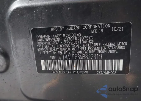 2021 Subaru Wrx Premium из США, поврежденный, VIN JF1VA1F68M8822319